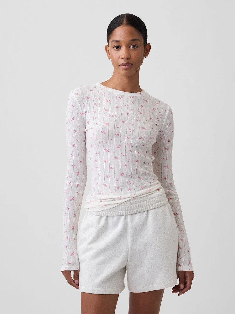 GAPRBP112  GAP Essential Ribbed Pointelle Women T-Shirt - White Pink Floral