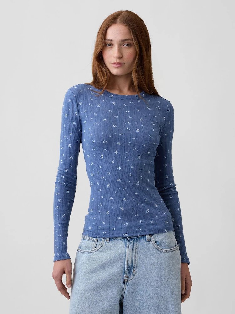 GAPRBP111  GAP Essential Ribbed Pointelle Women T-Shirt - Blue Floral