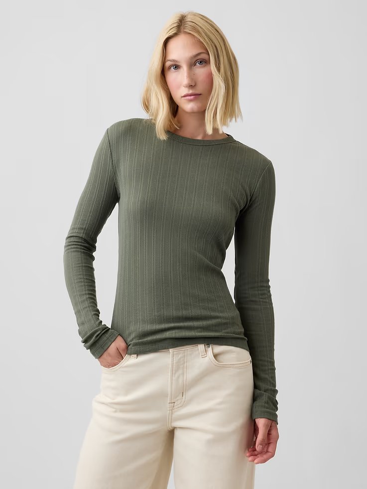 GAPRBP117 GAP Essential Ribbed Pointelle Women T-Shirt - Tweed Green